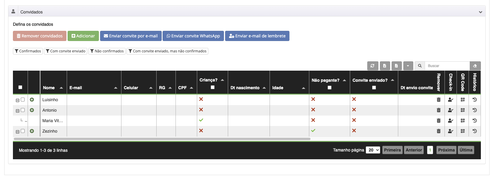 Painel de gestão de convidados do Confirme Mais: lista com status de confirmação, check-in e envio de convites por WhatsApp e e-mail
