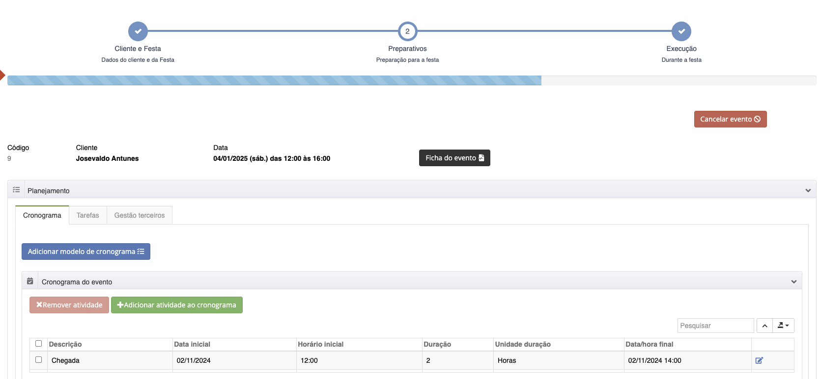 Painel de gestão do evento no Confirme Mais: fluxo Cliente e Festa, Preparativos e Execução com cronograma de atividades