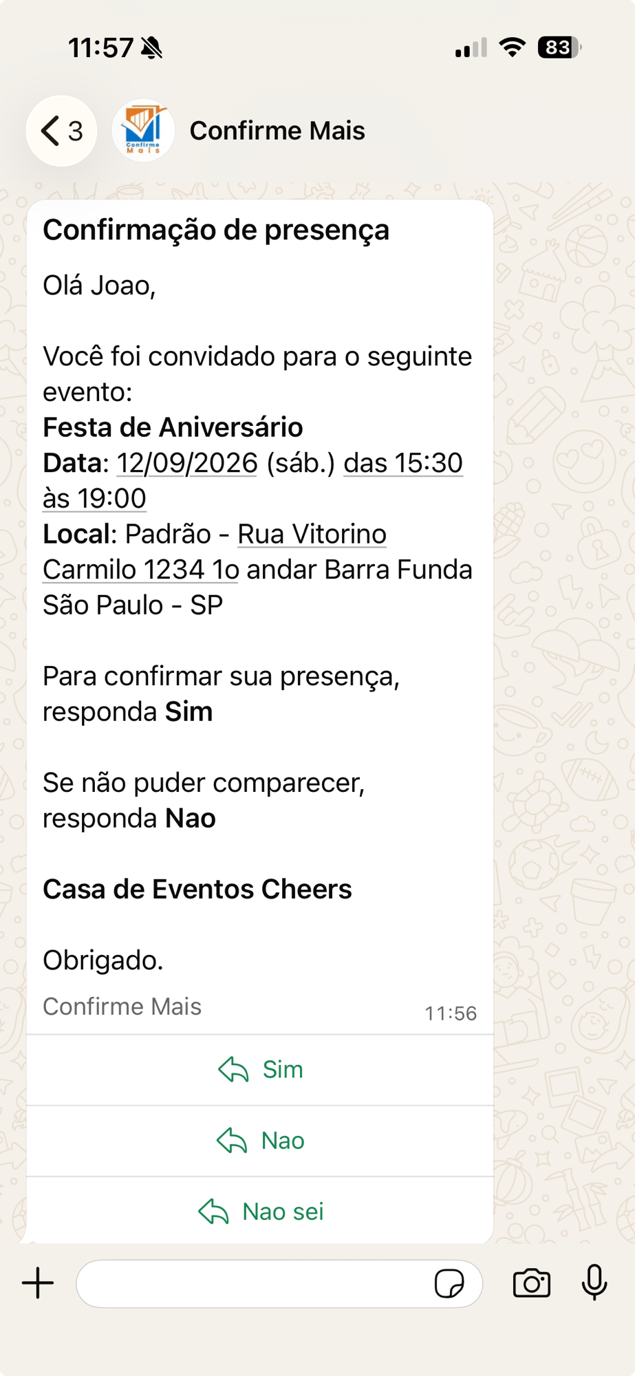 Convidado recebendo convite de festa de aniversário no WhatsApp com botões de resposta rápida Sim, Não e Não sei