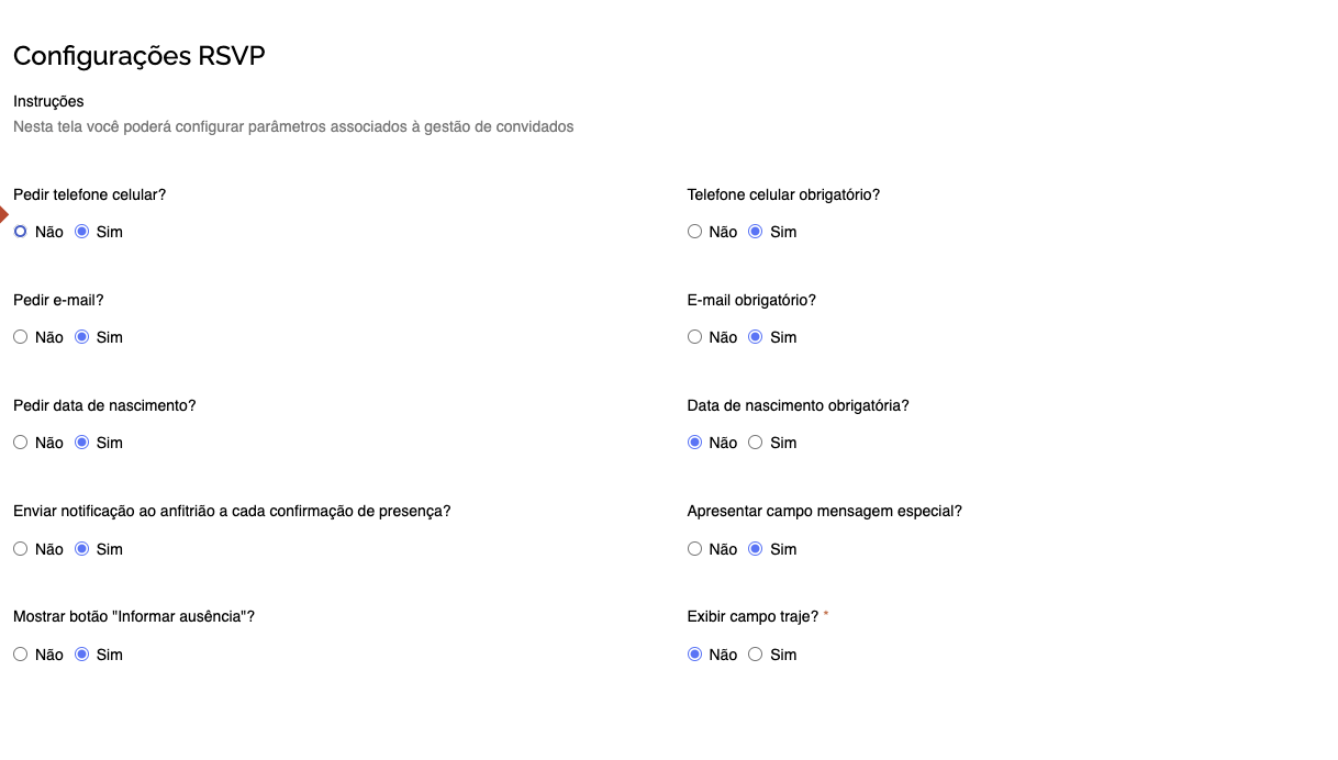 Tela de Configurações RSVP do Confirme Mais: campos obrigatórios, notificações e opções de personalização da confirmação de presença