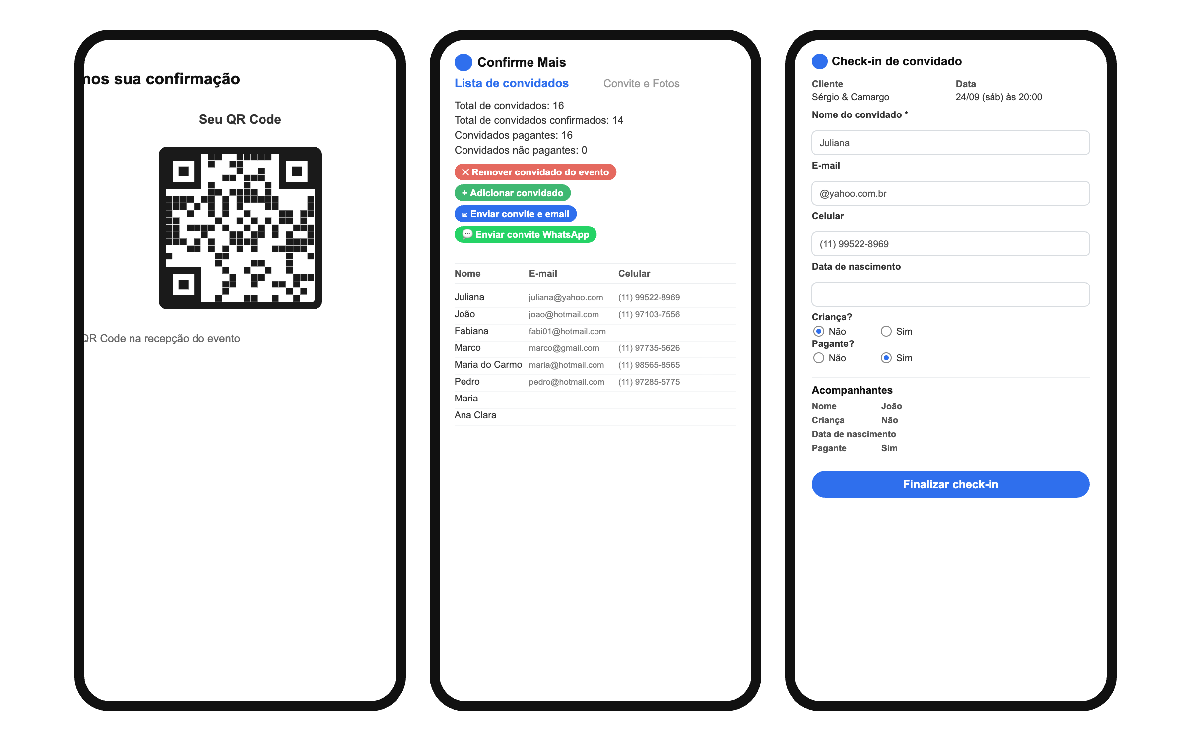 Telas do Confirme Mais: QR Code de check-in, lista de convidados confirmados e tela de check-in no dia do evento