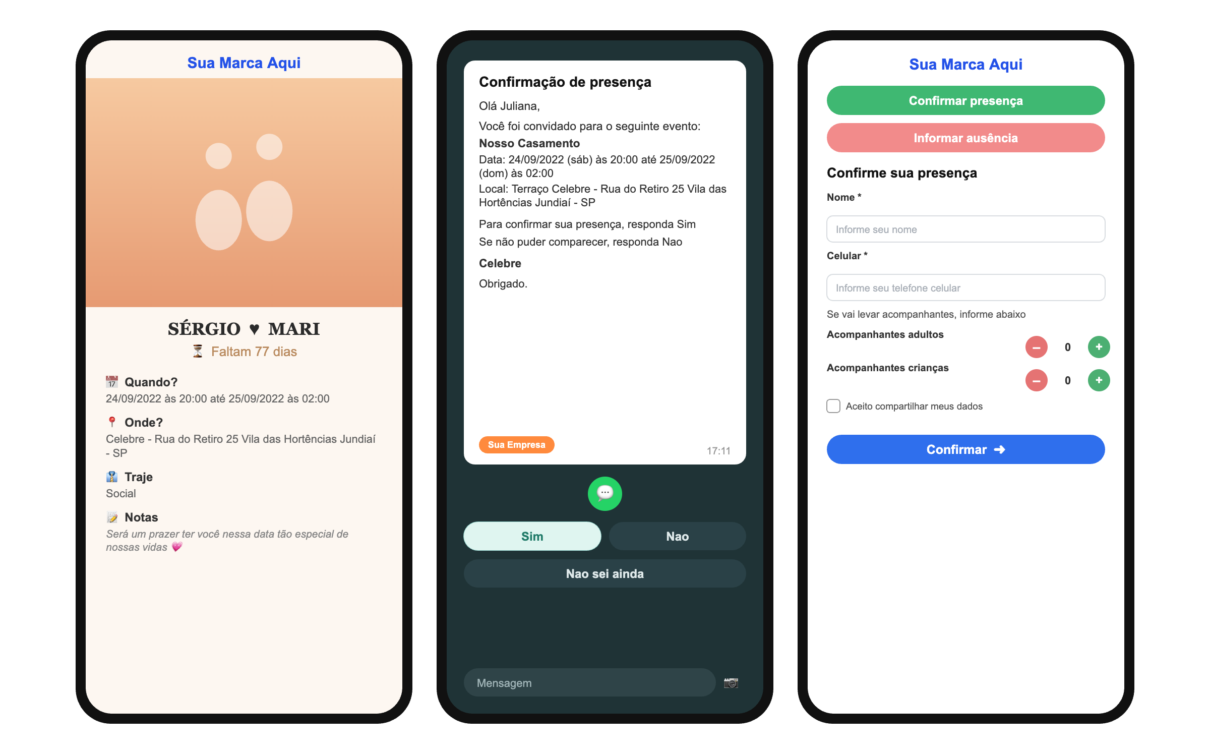 Telas do Confirme Mais no celular: convite personalizado, confirmação de presença via WhatsApp e formulário de confirmação