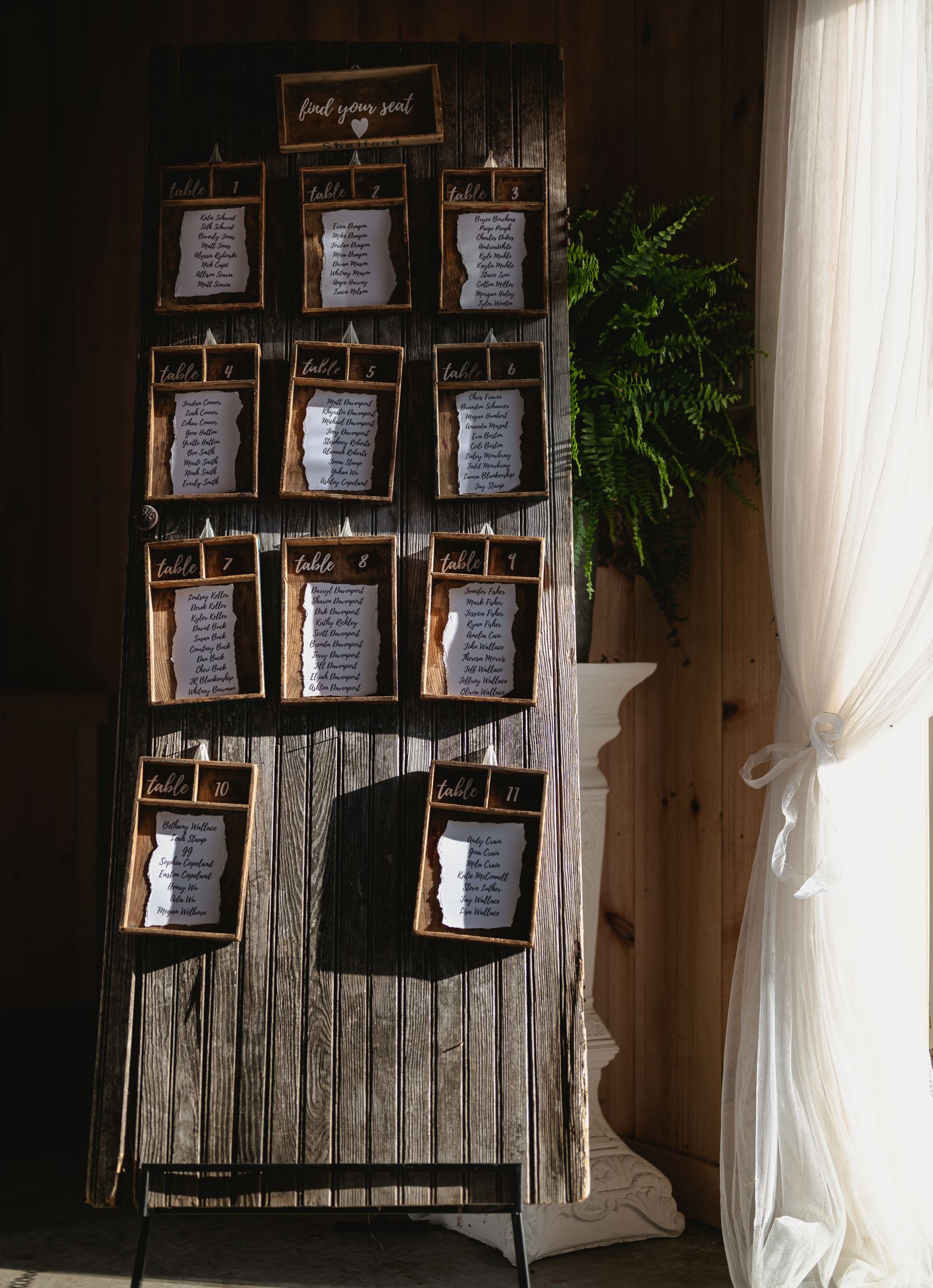 Quadro de organização de mesas e lista de convidados em um casamento