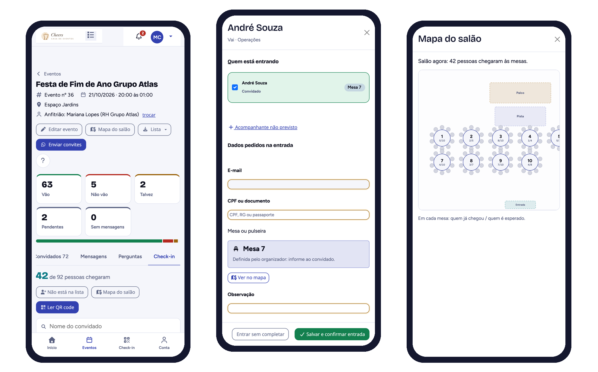 Telas da recepção: check-in, ficha de entrada e salão ao vivo (dados fictícios)