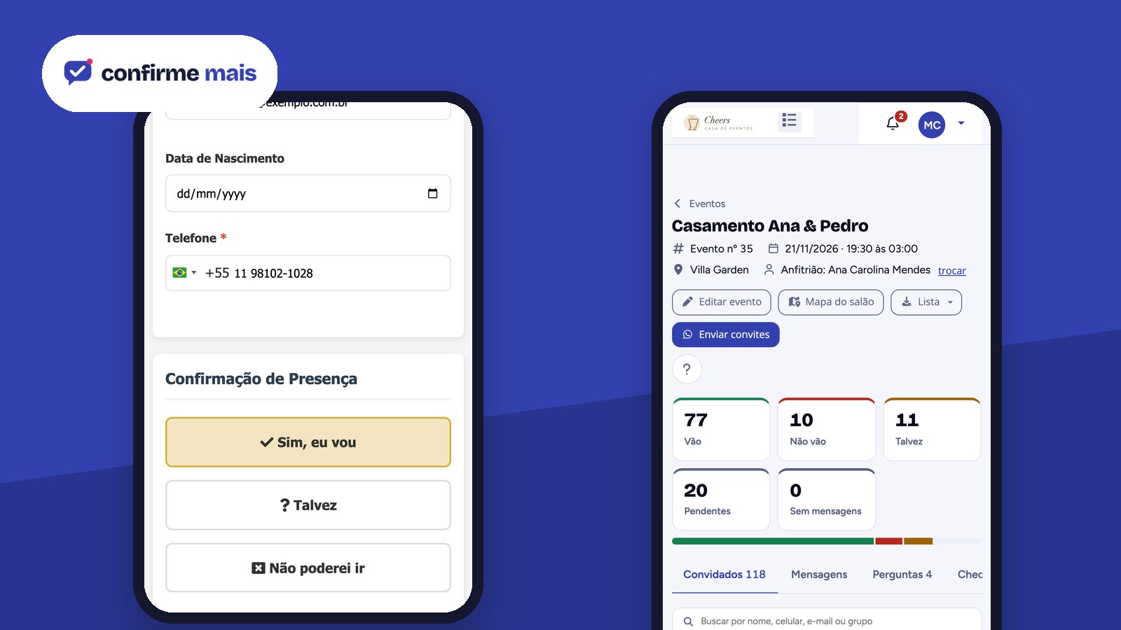 Confirmação de presença com um toque na página do convidado e o placar do evento no celular do organizador